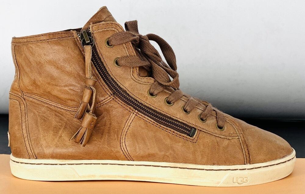 UGG 1009885 Leather High Top Sneakers Sz 9.5 Tan Side Zip Tassel Casual Shoes